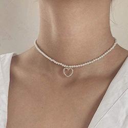 REQU Girl Women Korean Wild Pearl Necklace Trendy Clavicle Chain with Love Heart Pendant Choker Fashion Jewelry
