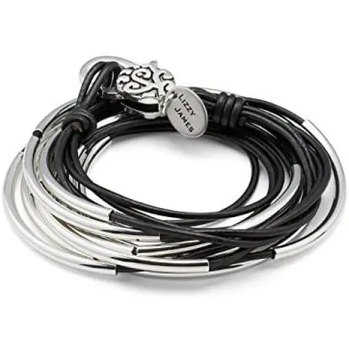 Lizzy Classic Silverplated 4 Strand Metallic Gunmetal Leather Wrap Bracelet (Large (6 5/8'' - 7''))