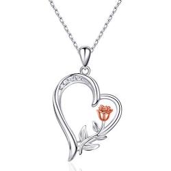 NINAMAID Valentines Day Gifts Womens Flower Rose Necklace 925 Sterling Silver Love Heart Pendant Necklace Jewelry for Womens Girls Wife Adjustable Chian with 5A Cubic Zirconia