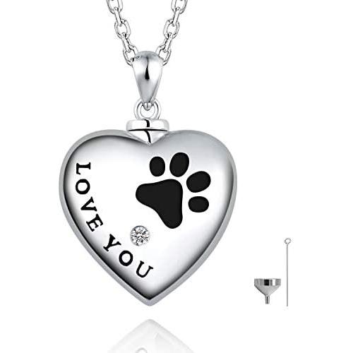 FREECO 925 Sterling Silver Cremation Jewelry for Pet Ash - Heart Memorial Ash Pendant Paw Print Urn Necklace for Dog Cat