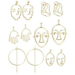 Thunaraz 6Pairs Face Earring Set Geometric Modeling Dangle Hollow Face Hand Shape Drop Earring for Women Teens Girls