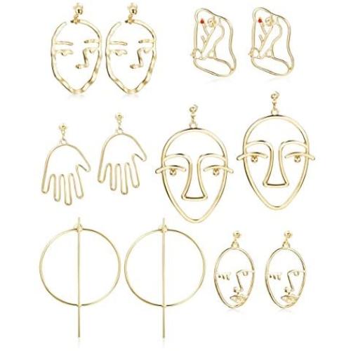 Thunaraz 6Pairs Face Earring Set Geometric Modeling Dangle Hollow Face Hand Shape Drop Earring for Women Teens Girls
