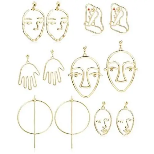 Thunaraz 6Pairs Face Earring Set Geometric Modeling Dangle Hollow Face Hand Shape Drop Earring for Women Teens Girls