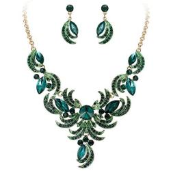 BriLove Womens Wedding Bridal Crystal Floral Leaf Enamel Statement Necklace Dangle Earrings Set