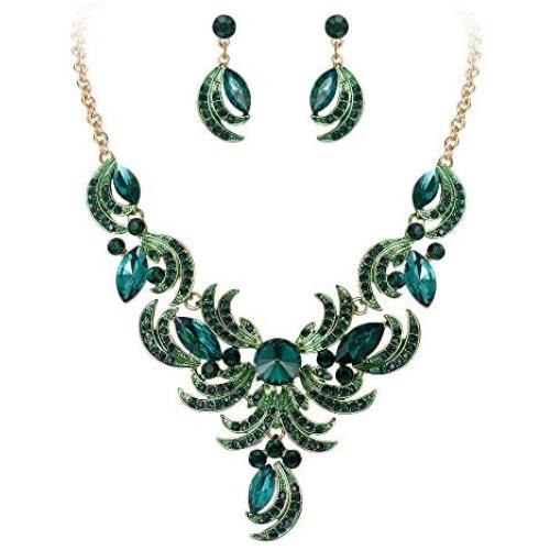 BriLove Womens Wedding Bridal Crystal Floral Leaf Enamel Statement Necklace Dangle Earrings Set