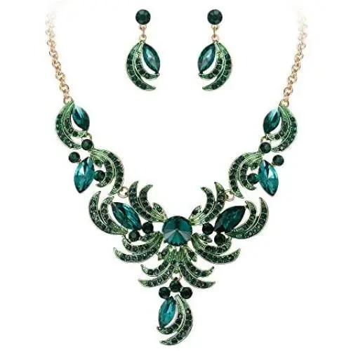 BriLove Womens Wedding Bridal Crystal Floral Leaf Enamel Statement Necklace Dangle Earrings Set BriLove Womens Wedding Bridal Crystal Floral Leaf Enamel Statement Necklace Dangle Earrings Set