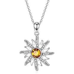 Sterling Silver Sun Sunburst Pendant Necklace with Citrine Austrian Crystal, November Birthstone Jewelry, Christmas Gift for Women Girls