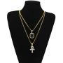 putouzip Men Women 18K Gold Plated CZ Fully Iced Out Ruby Egyptian Ankh Key Cuban Chain Pendant Set