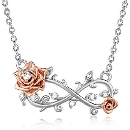 Nature Diamond Rose Flower Infinity Necklace for Women Sterling Silver, Anniversary Jewelry for Wife/ Girlfriend, Romantic Gifts for Her (0.06ct) 16''-18''