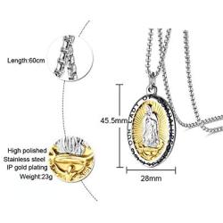 Rockyu Coin Necklace for Men Women Gold Plated Stainless Steel Coin Pendant Engraved Virgin Mary Christian Jewelry with Lattering Miraculous Medal Chain 24 Inch