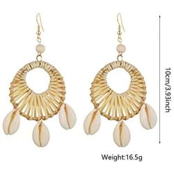 ZRosse 2 Pairs Bohemian Handmade Round Drop Earrings With Shell Pendant For Women Boho Rattan Straw Weave Knit Vine Earring Vacation Party Jewelry