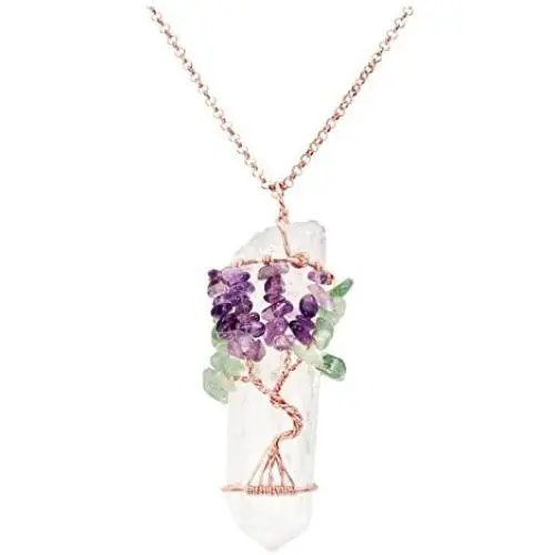 JOVIVI Chakra Gemstone Tree of Life Wire Wrapped Natural Clear Quartz Healing Crystal Point Pendant Necklace Mothers Day Gift JOVIVI Chakra Gemstone Tree of Life Wire Wrapped Natural Clear Quartz Healing Crystal Point Pendant Necklace Mothers Day Gift