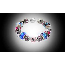 Savlano Silver Tone Charm Bracelet with Crystal and Murano Glass Beads Snake Chain for Women & Girls