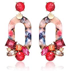 BSJELL Acrylic Resin Dangle Earrings For Women Statement Floral Tortoise Shell Hoop Earrings Crystal Multicolor Oval Geometric Drop Earrings Fashion Jewelry