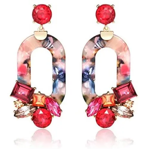 BSJELL Acrylic Resin Dangle Earrings For Women Statement Floral Tortoise Shell Hoop Earrings Crystal Multicolor Oval Geometric Drop Earrings Fashion Jewelry