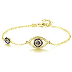 Kaletine Blue Evil Eyes Link Bracelet Sterling Silver 925 Cubic Zirconia Chain Adjustable 6.7'' 7'' 7.5''