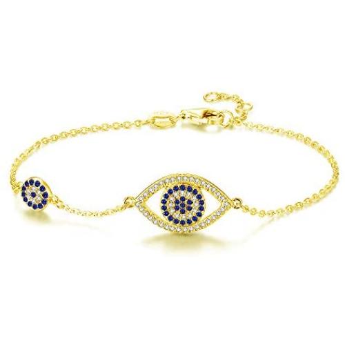 Kaletine Blue Evil Eyes Link Bracelet Sterling Silver 925 Cubic Zirconia Chain Adjustable 6.7'' 7'' 7.5''