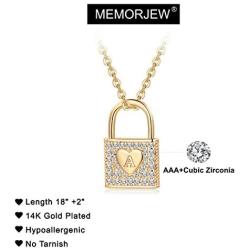 Memorjew Gold Initial Lock Necklaces for Women, 14K Gold Plated Cubic Zirconia Dainty Initial Heart Padlock Pendant Necklace for Women Teen Girls Jewelry Gifts