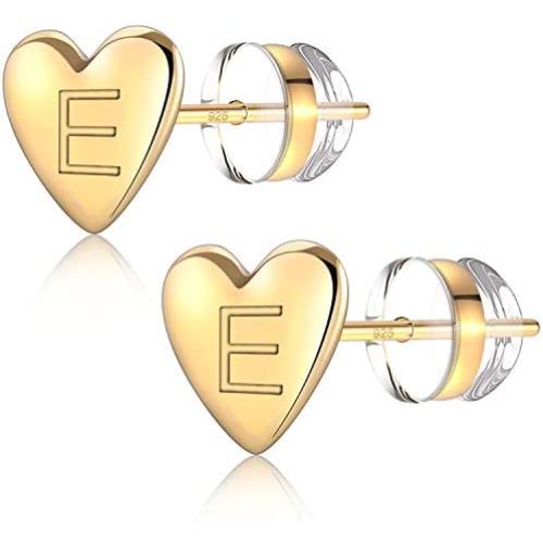 Jewlpire 925 Sterling Silver Heart Initial Stud Earrings for Girls Women - 18K Gold Plated Handmade Dainty Letter Earrings Hypoallergenic Initial Earrings for Kids Child Toddler Birthday Jewelry Gift