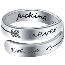 LEOBELLA Adjustable Inspirational Ring 925 Sterling Silver Never Give Up Bands Cool Stacking Opening Rings Gift for Women Girls Comfort Fit Statement Jewelry