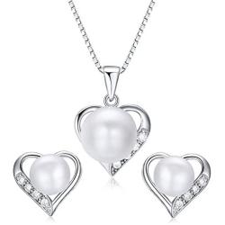 Heart Shaped Flawless Pearl Post Stud Earrings & Silver Chain Pendant Set| Impeccable Quality Natural, Flawless Freshwater Pearl & 925 Sterling Silver| The Best Jewelry Set Gift (1 | White Pearls)