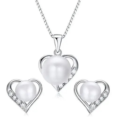 Heart Shaped Flawless Pearl Post Stud Earrings & Silver Chain Pendant Set| Impeccable Quality Natural, Flawless Freshwater Pearl & 925 Sterling Silver| The Best Jewelry Set Gift (1 | White Pearls)