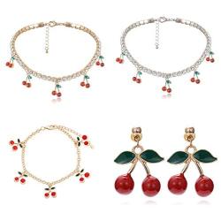 Cherry Tennis Chain Necklace Bracelet Earrings Set Shining Crystal Fruits Choker Necklace Bohemian Cherry Charm Bling Hip Hop Necklace Bracelet Set for Women Girls Jewelry