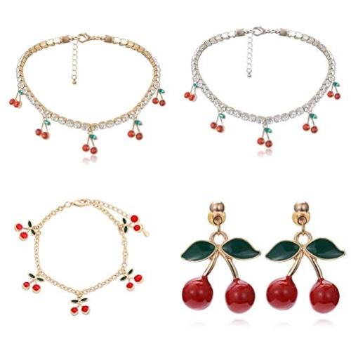 Cherry Tennis Chain Necklace Bracelet Earrings Set Shining Crystal Fruits Choker Necklace Bohemian Cherry Charm Bling Hip Hop Necklace Bracelet Set for Women Girls Jewelry