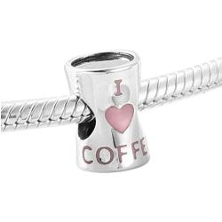 ABAOLALA I Love Coffee Bead Charm 925 Sterling Silver Heart Cup Charm Bead fit DIY Bracelets