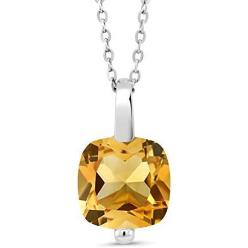 Gem Stone King 925 Sterling Silver Yellow Citrine Pendant Necklace (3.22 Ct Cushion Cut 10MM, 3.22 Ct Cushion with 18 Inch Silver Chain)