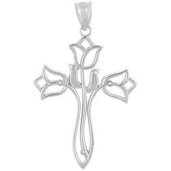 Religious Jewelry by FDJ Beautiful 925 Sterling Silver Floral Tulip Cross Necklace Pendant