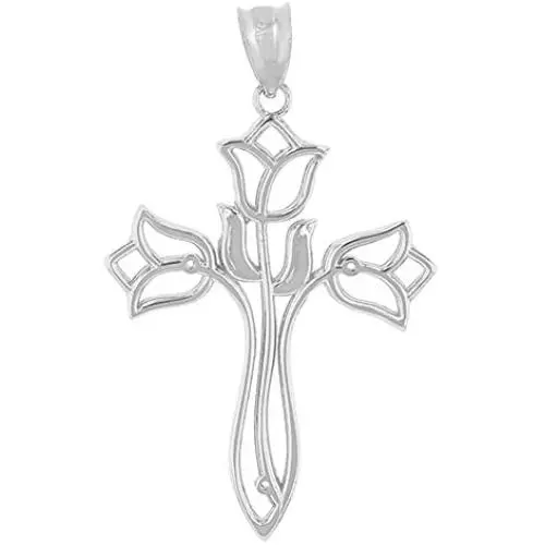 Religious Jewelry by FDJ Beautiful 925 Sterling Silver Floral Tulip Cross Necklace Pendant Religious Jewelry by FDJ Beautiful 925 Sterling Silver Floral Tulip Cross Necklace Pendant