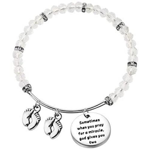 AKTAP Twin Mom Bracelet Twins Jewelry Sometimes When You Prayer for a Miracle God Gives You Two Mom of Twins Gift Twins Footprint Charm Expandable Bracelet