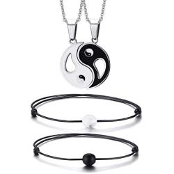 VNOX 4 Pcs Couples Puzzle Necklace with Relationship Pinky Pomise Distance Yin yang Bead Bracelets for for Best Friends Couples Family Women Mens Teen Girls