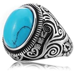 MZC Jewelry Vintage Oval Statement Synthetic Turquoise Ring Stainless Steel Ring Size 8 to 12 for Men Women Birthday Party