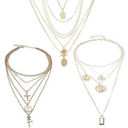 NSLS 3 Pieces Dainty Layered Choker Necklace Red Rhinestone Multilayer Gold Long Chain Crystal Cross Pendant Necklaces for Women Girls