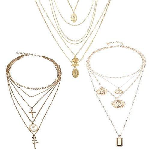 NSLS 3 Pieces Dainty Layered Choker Necklace Red Rhinestone Multilayer Gold Long Chain Crystal Cross Pendant Necklaces for Women Girls