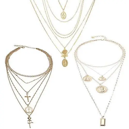 NSLS 3 Pieces Dainty Layered Choker Necklace Red Rhinestone Multilayer Gold Long Chain Crystal Cross Pendant Necklaces for Women Girls