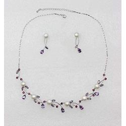 Faship Gorgeous CZ Crystal Freshwater Pearls Floral Necklace Earrings Set