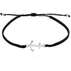 AeraVida Anchor of Hope .925 Sterling Silver Cotton Rope Adjustable Wrist Pull Bracelet