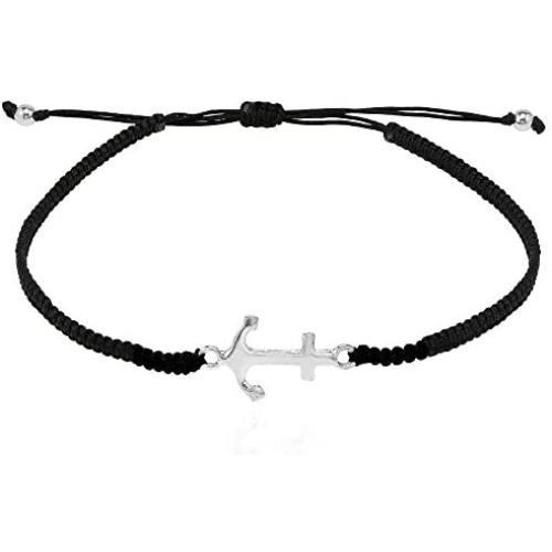 AeraVida Anchor of Hope .925 Sterling Silver Cotton Rope Adjustable Wrist Pull Bracelet