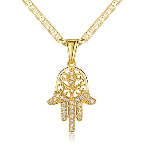 Barzel 18K Gold Plated Flat Mariner/Marina 060 3MM Chain Necklace With Hamsa Hand Pendant