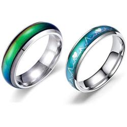 2 Pcs 6MM Comfort Fit Stainless-Steel Color Changing Heart Mood Ring Wedding Band Anniversary Promise