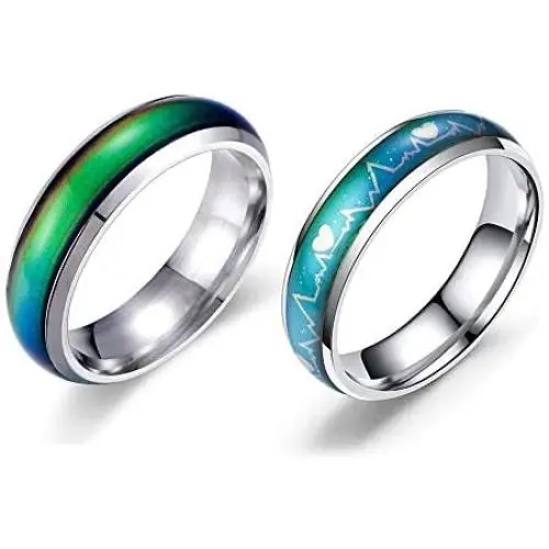 2 Pcs 6MM Comfort Fit Stainless-Steel Color Changing Heart Mood Ring Wedding Band Anniversary Promise 2 Pcs 6MM Comfort Fit Stainless-Steel Color Changing Heart Mood Ring Wedding Band Anniversary Promise