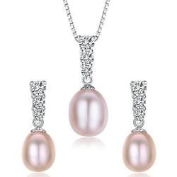 Water Drop Pearl Stud Earrings & Silver Chain Pendant Set| Good Quality Natural, Flawless Freshwater Pearl & 925 Sterling Silver| The Most Unique Fashion Jewelry Set (2 | Pink Pearls)