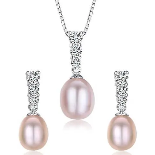 Water Drop Pearl Stud Earrings & Silver Chain Pendant Set| Good Quality Natural, Flawless Freshwater Pearl & 925 Sterling Silver| The Most Unique Fashion Jewelry Set (2 | Pink Pearls)