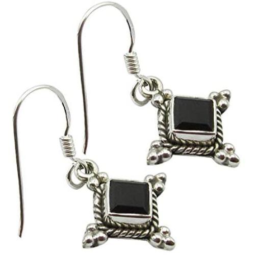 SilverStarJewel 925 Sterling Silver Natural Black Onyx Oxidized Drop Dangle Earrings 1.2''