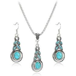 coadipress Ethnic Bohemian Tibetan Alloy Earrings and Necklace Set for Women Girls Vintage Water Teardrop Drop Blue Crystal Oval Turquoise Resin Boho Dangle Gift Jewelry
