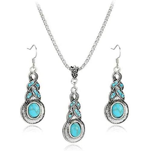 coadipress Ethnic Bohemian Tibetan Alloy Earrings and Necklace Set for Women Girls Vintage Water Teardrop Drop Blue Crystal Oval Turquoise Resin Boho Dangle Gift Jewelry