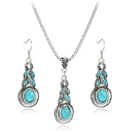 coadipress Ethnic Bohemian Tibetan Alloy Earrings and Necklace Set for Women Girls Vintage Water Teardrop Drop Blue Crystal Oval Turquoise Resin Boho Dangle Gift Jewelry